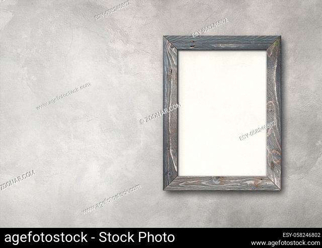Old grey rustic wooden picture frame hanging on a concrete wall. Horizontal banner. Blank mockup template