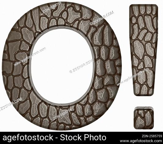 Alligator skin font exclamation mark and O capital letter isolated on white