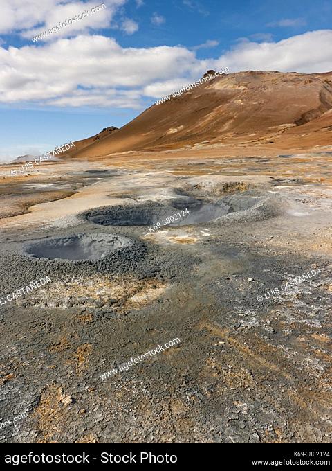 Námafjall Hverir geotermal area with boiling mudpools and steaming fumaroles