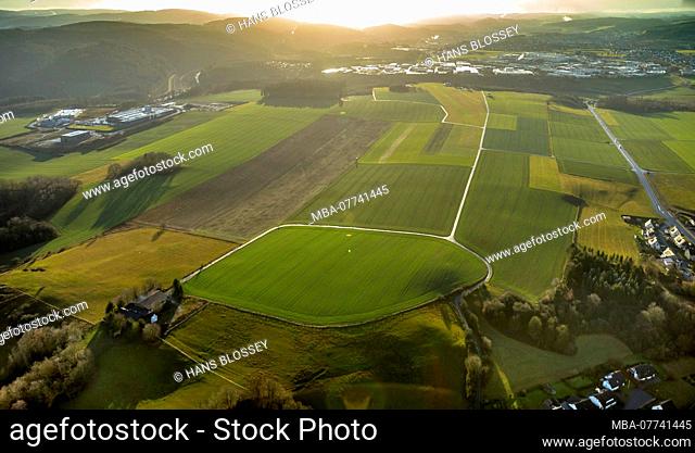 Aerial shots, grass trajectory, special landing field, airfield Attendorn-Finnentrop, Ennest, Finnentrop, Sauerland, North Rhine-Westphalia, Germany