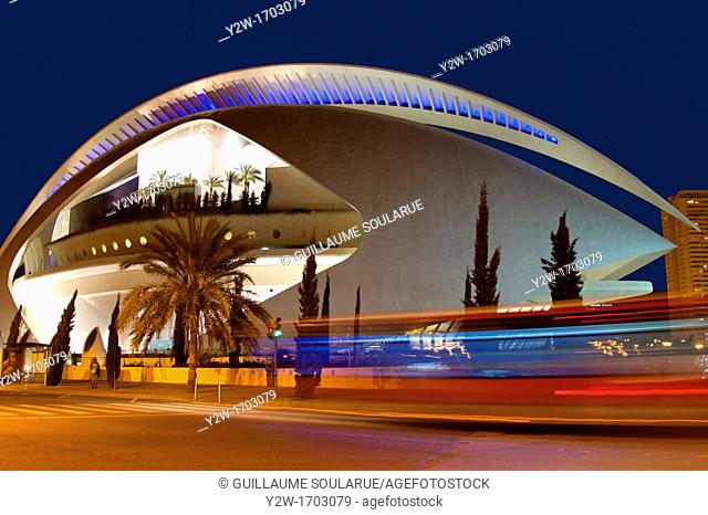 Europe, Spain, Valencia, City of arts and sciences, opera house by night