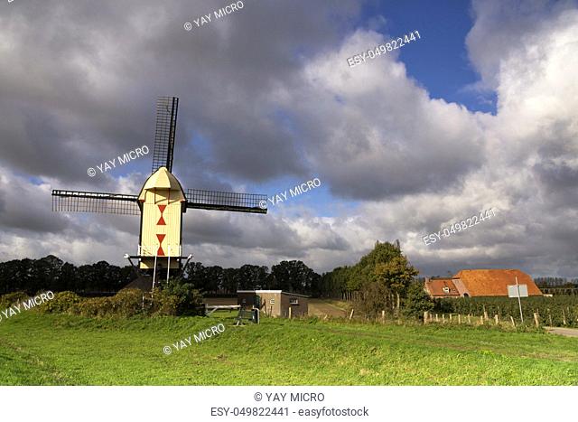 Windmill on a dike along the river Maas near the Dutch village Batenburg