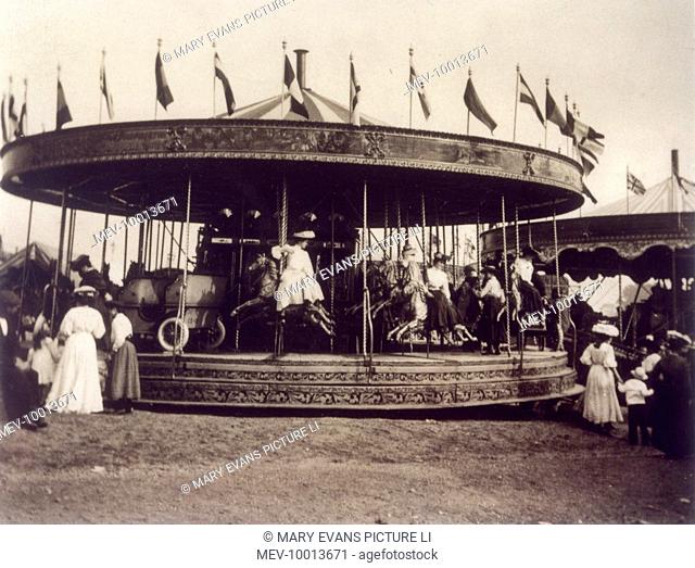 Three-abreast set of steam-driven 'gallopers', Hampstead Heath Fair, London
