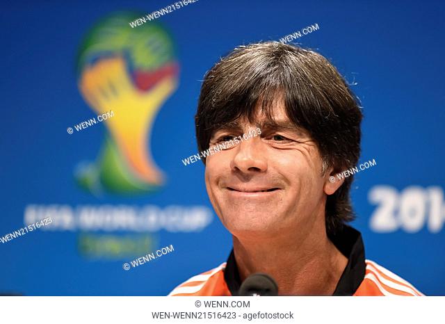 Head coach of Germany Joachim Loew answers to the media during a press conference on the eve of the 2014 FIFA World Cup Brazil Quarter Final match between...