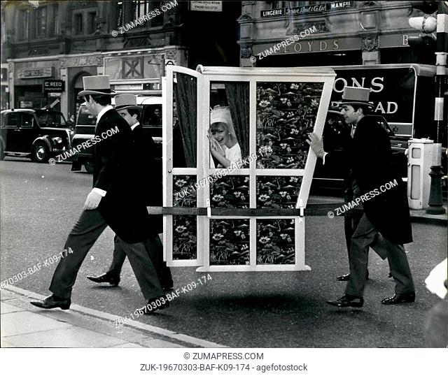 Mar. 03, 1967 - Getting to the Church - by Sedan: A bride in a four-manned Sedan chair versus a 210-horses power car, set off for St
