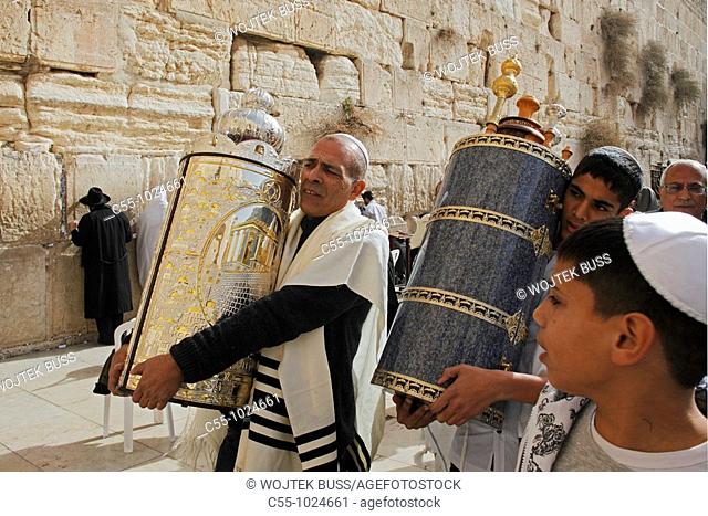 Israel, Jerusalem, Western wall of the Temple Mt , Bar Mitzvah celebration, Torah