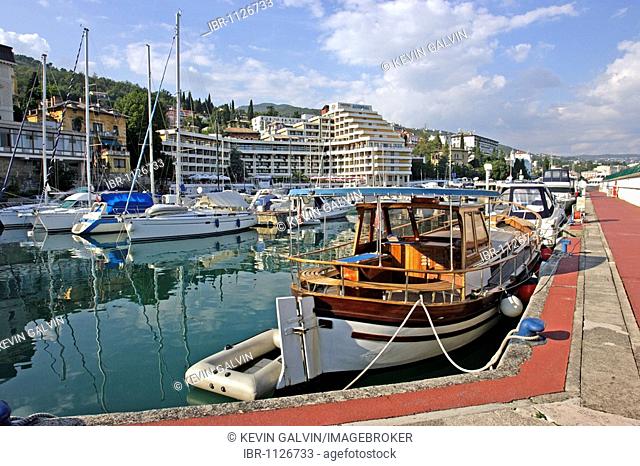 Harbor with marina and tourist hotels, town of Opatija, Istria, Croatia