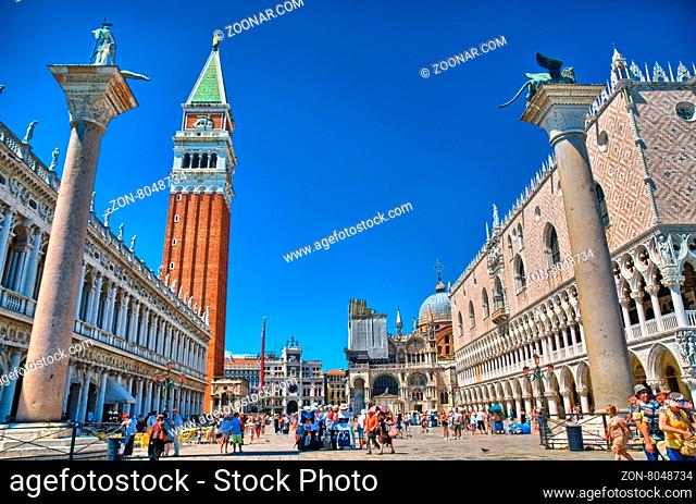 VENICE, ITALY - JUN 2014: The St. Mark#39;s Square, Piazza San Marco, with Campanile and Doge#39;s Palace on June 9, 2014 in Venice, Italy, HDR