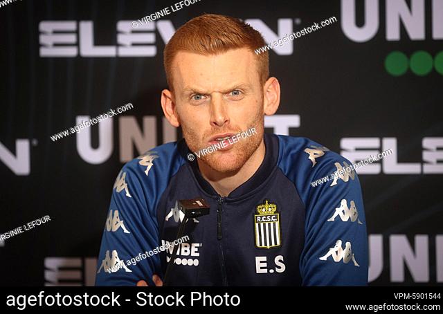 Charleroi's head coach Edward Still gestures during the weekly press conference of Belgian soccer team Sporting Charleroi, Thursday 27 January 2022 in Charleroi
