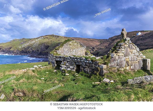 The ruins of St. Helens Oratory at Cape Cornwall, St. Just, Cornwall, England, United Kingdom, Europe