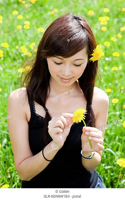 Young woman in field with dandelions