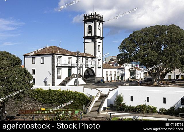 City park with town hall and bell tower, Ribeira Grande, Sao Miguel Island, Azores, Portugal, Europe