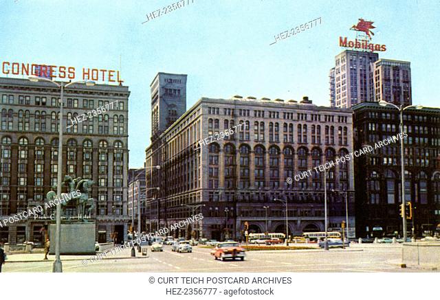 Congress Street Expressway entrance at Michigan Avenue, Chicago, Illinois, USA, 1958. Postcard. The Congress Hotel is visible on the left