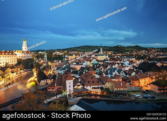 Cesky Krumlov, Czech Republic. Famous Town And Popular Touristic Place. Night Cityscape In Blue Hour. UNESCO World Heritage Site