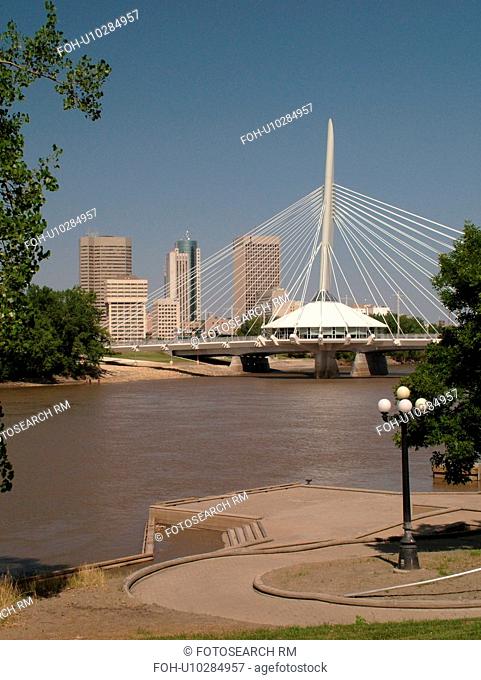 Winnipeg, Canada, MB, Manitoba, Provencher Bridge & Esplanade Riel Pedestrian Bridge, Red River, skyline
