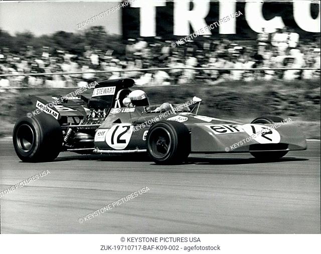 Jul. 17, 1971 - Jackie Stewart wins the British Grand Prix at Silverstone: Jackie Stewart driving his Tyrrell Ford won the British Grand Prix in a...