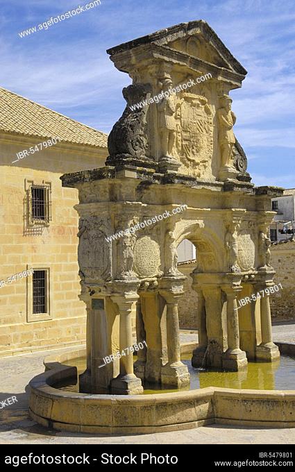 Fountain Fuente de Santa Maria, in front of the Seminario de San Felipe Neri, Santa Maria Square, Baeza, Jaen, Andalusia, Spain, Europe
