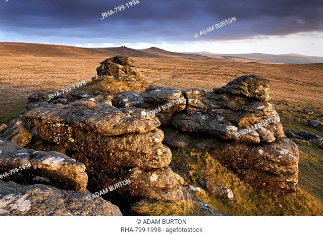 Evening sunlight on Arms Tor, looking towards Chat Tor and Hare Tor, Dartmoor National Park, Devon, England, United Kingdom, Europe