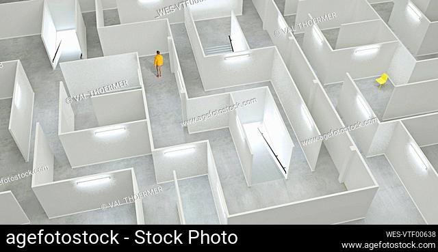 Man lost in white illuminated maze
