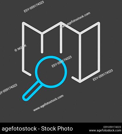 Map with magnifier vector icon on dark background. Navigation sign. Graph symbol for travel and tourism web site and apps design, logo, app, UI