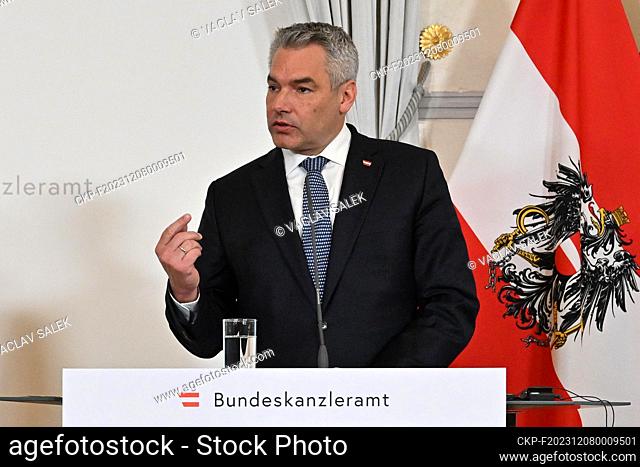 Austrian Chancellor Karl Nehammer speaks during the press conference after the talks with Czech Prime Minister Petr Fiala