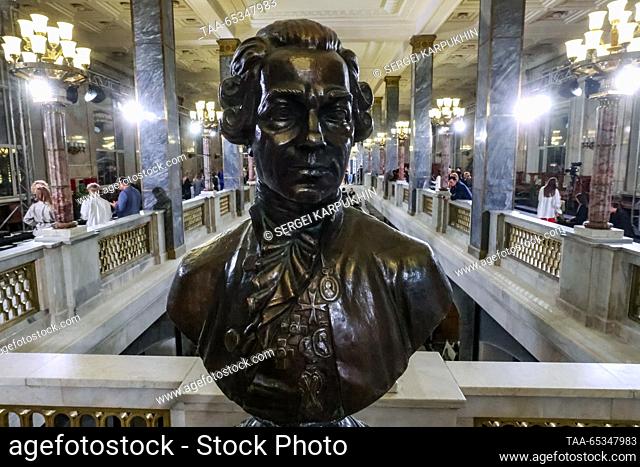RUSSIA, MOSCOW - NOVEMBER 29, 2023: Bust of Russian statesman Nikolay Rumyantsev is seen at the Marble Staircase of the Russian State Library during a catwalk...