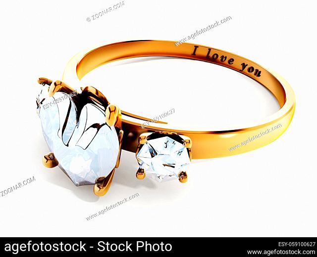 Golden wedding ring with heart shaped diamond and I love you text