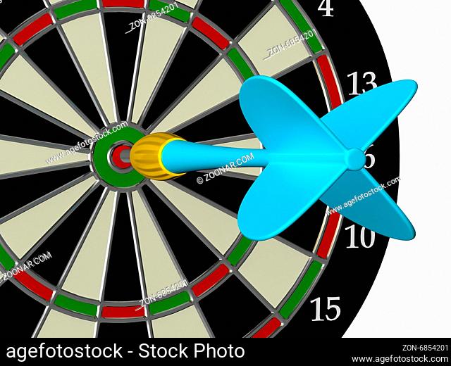 Blue dart arrow in the center of dart board, isolated on white background