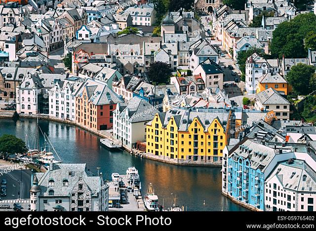 Alesund, Norway. View Of Alesund Skyline Cityscape. Historical Center In Summer Sunny Day. Famous Norwegian Landmark And Popular Destination