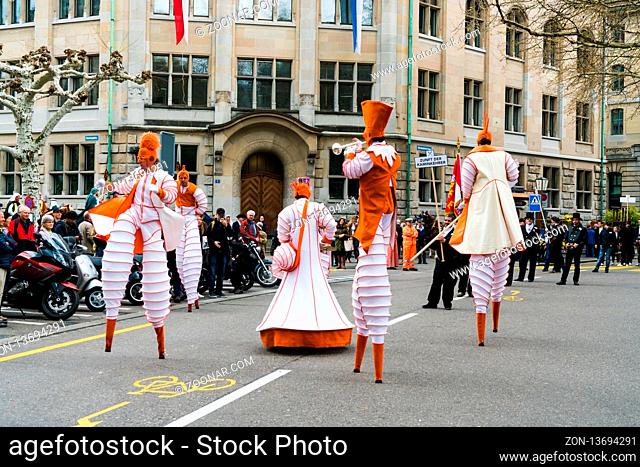 Zurich, ZH / Switzerland - April 8, 2019: the traditional spring festival of Sechselaeuten in Zurich with view of the traditional parade and procession