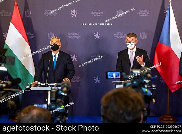Hungary's Prime Minister Viktor Orban, left, and Czech Republic's Prime Minister Andrej Babis attend a press conference in Usti nad Labem, Czech Republic