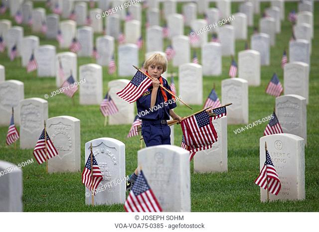 Cubscout places one of 85, 000 US Flags at 2014 Memorial Day Event, Los Angeles National Cemetery, California, USA