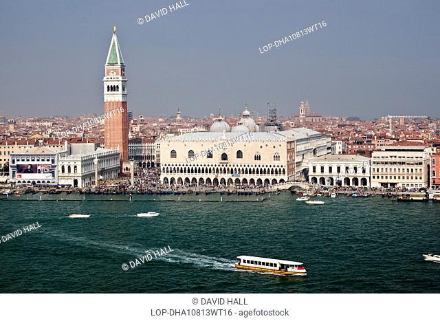 Italy, Venetto, Venice. View across the Lagoon from the tower of San Giorgio Maggiore towards Venice and St Marks Square