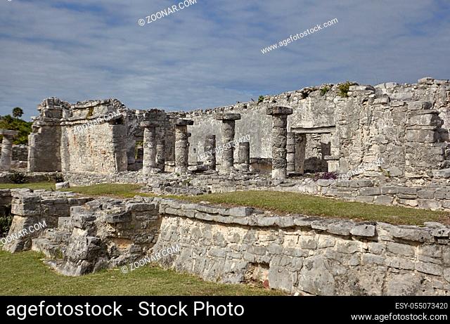 Ruins of buildings dating back to the Mayan civilization in the Tulum complex in Mexico