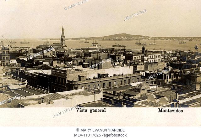 General view of Montevideo, Uruguay, South America, including the bay, with the fortress on a distant hill