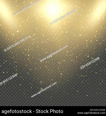 Christmas or New Year glowing sparkles rain. Abstract gold glitter space nebula shine effect. Golden dust overlay layer. Twinkling confetti