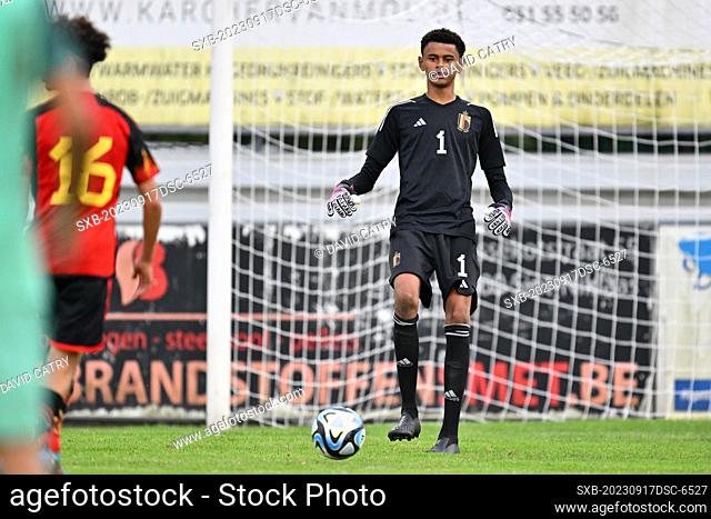 goalkeeper Lucca Kiaba Mounganga (1) of Belgium pictured during a friendly soccer game between the national under 16 teams of Portugal and Belgium on Monday 17...