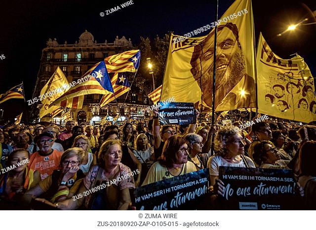 September 20, 2018 - Barcelona, Catalonia, Spain - Catalan separatists gather in front of the Catalan Economy Ministry in support of the Catalan Republic at the...