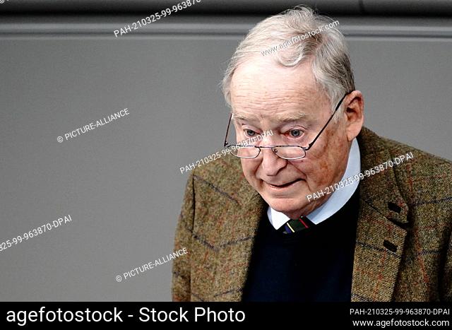 25 March 2021, Berlin: Alexander Gauland, leader of the AfD parliamentary group, speaks in the Bundestag after the Chancellor's government statement on the...