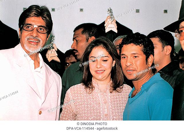 South Asian Indian Bollywood actor Amitabh Bachchan , Anjali and Sachin Tendulkar at a get together NO MR