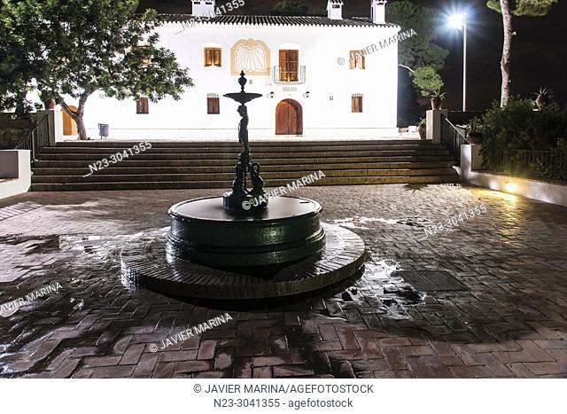 Night view of the fountain and hermitage on the mountain of Saints, Sueca, Valencia, Spain