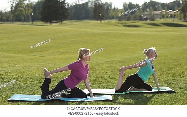 Sporty women performing yoga exercises outdoors