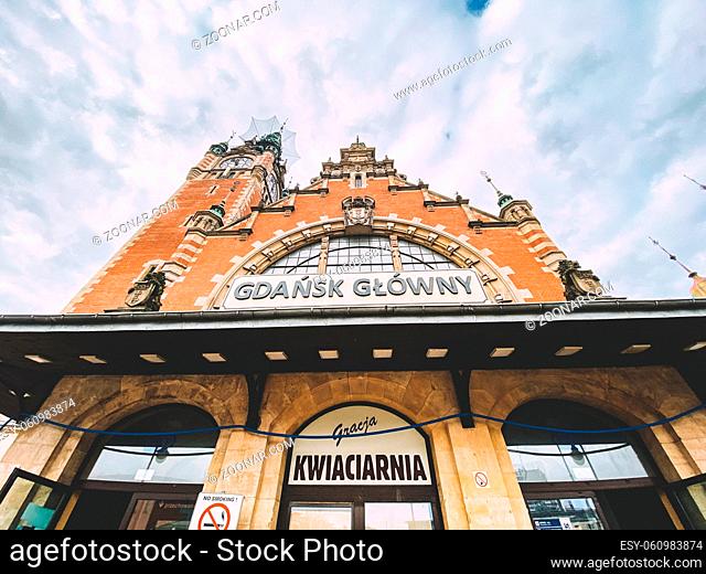 Old town of Gdansk. The building of the main station in Gdansk. Gdansk Railway Station facade. Old beautiful train station