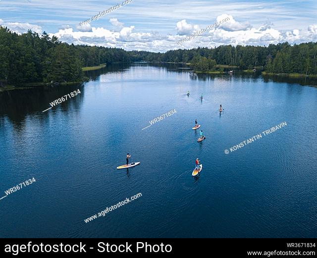 Aerial view of paddleboarders in Vuoksi river