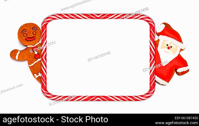 Candy cane stripes Christmas frame with Santa Claus and gingerbread cookie man isolated on white background