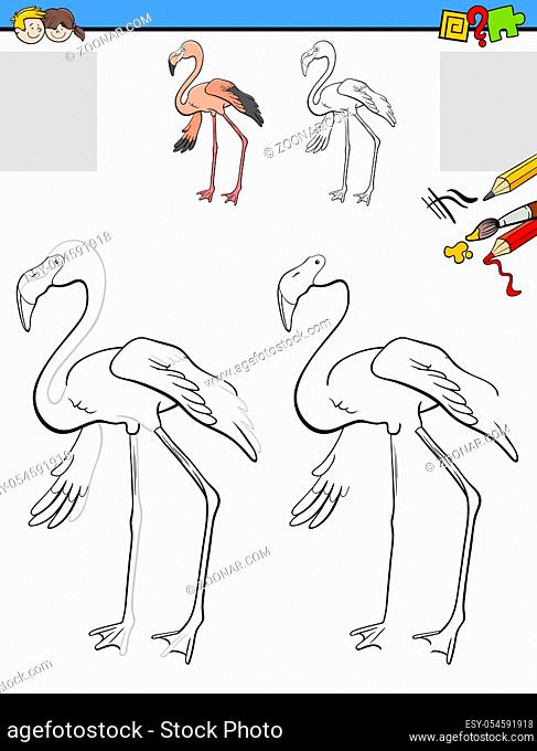 Cartoon Illustration of Drawing and Coloring Educational Activity for Children with Funny Flamingo Animal Character