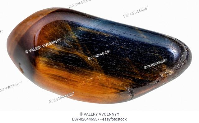 macro shooting of natural mineral stone - polished tiger-eye and hawk-eye gemstone isolated on white background