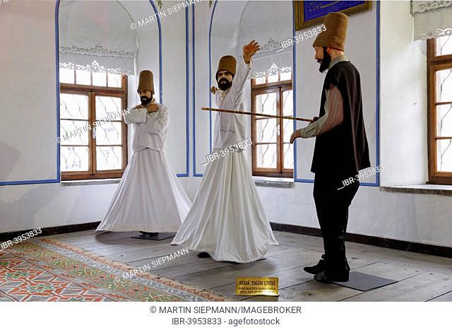 Sema dance, life-size figures of Spinning Dervishes Mevlana Monastery or Mevlana Museum, Konya, Central Anatolia Region, Anatolia, Turkey