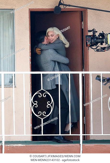 Lady Gaga gets swept off her feet while filming a kissing scene in 'American Horror Story: Hotel' at a motel in Hollywood with co star Finn Wittrock Featuring:...