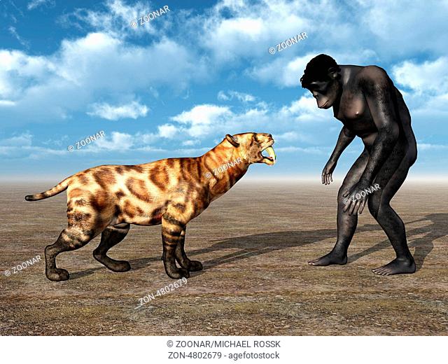 Computergenerierte 3D Illustration mit dem Homo Habilis und der Säbelzahnkatze Smilodon